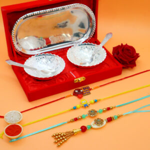 Anand Crafts Designer Handmade 4 Rakhi Set Bhaiya Bhabhi and Kids Rakhi with Free Silver Plated German Silver Bowl Set of 5pc, Gift for Brother from Sister